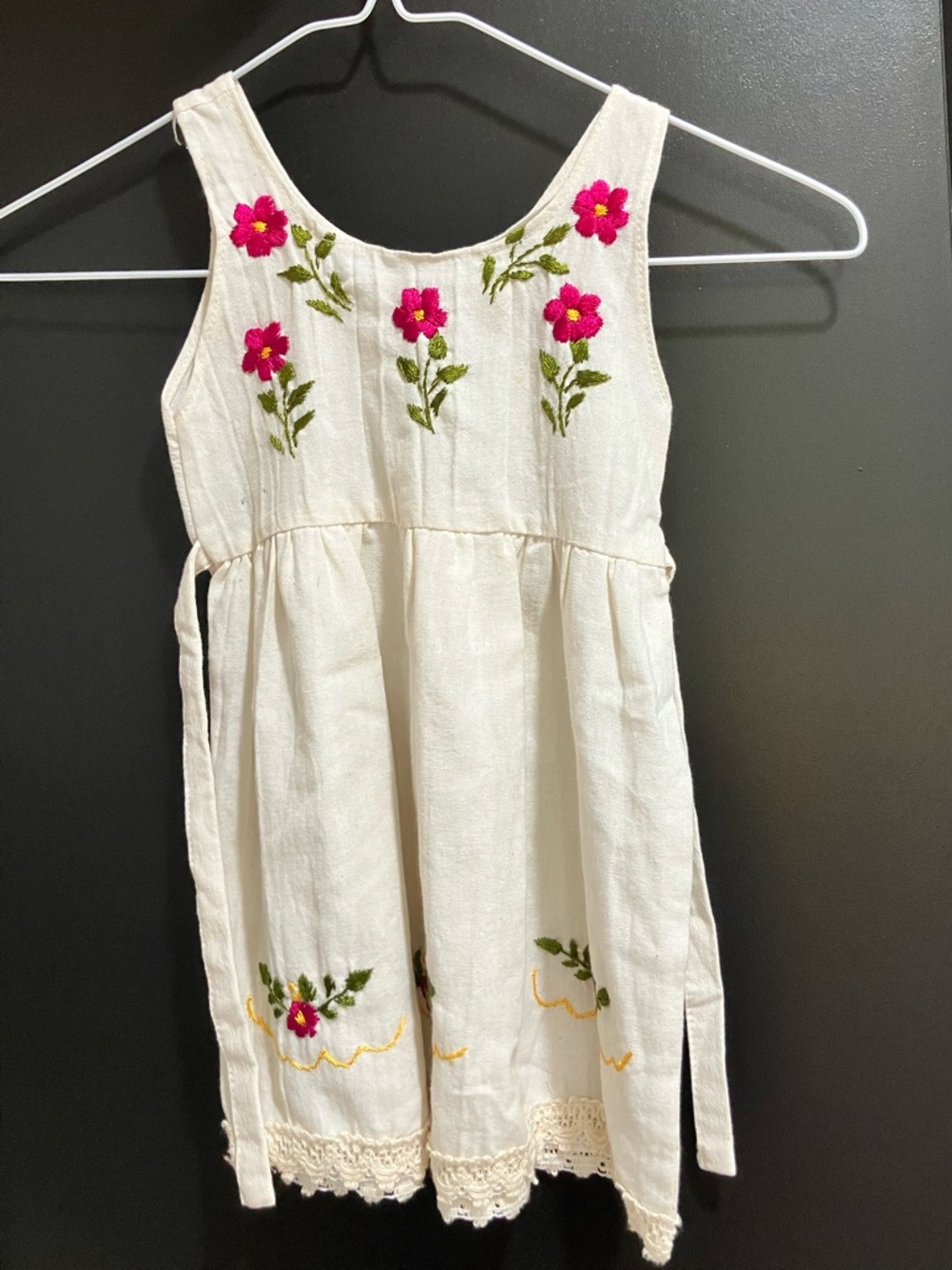 Handmade Girls Flax Linen Floral Embroidered Tie Dress